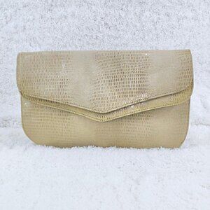 Beige Snake Skin Embossed Leather Clutch Shoulder Bag